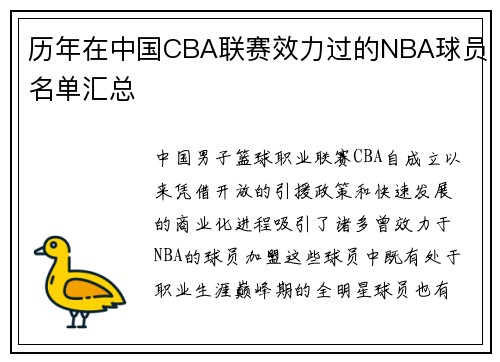 历年在中国CBA联赛效力过的NBA球员名单汇总